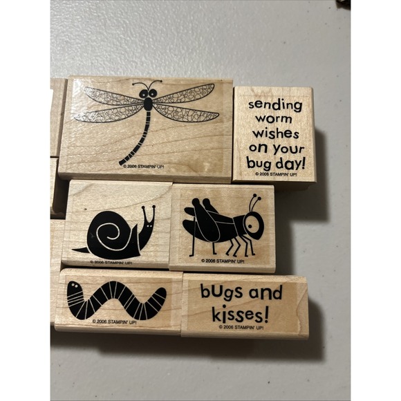 Lot‎ of 9 Stampin Up Rubber Stamps Bugs Dragonfly Snail Words - Picture 3 of 6